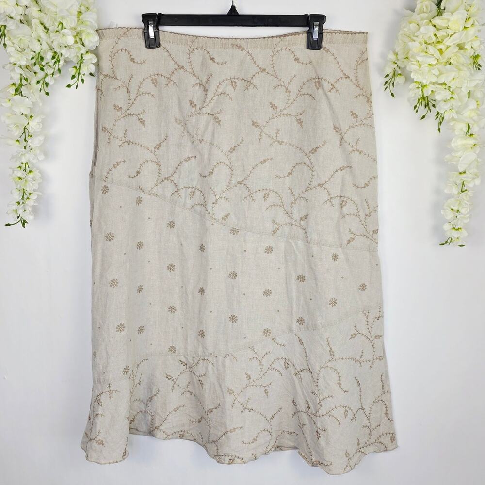 J Jill Linen Midi Skirt Plus 2X Beige Embroidered Floral Boho Cottage Coastal